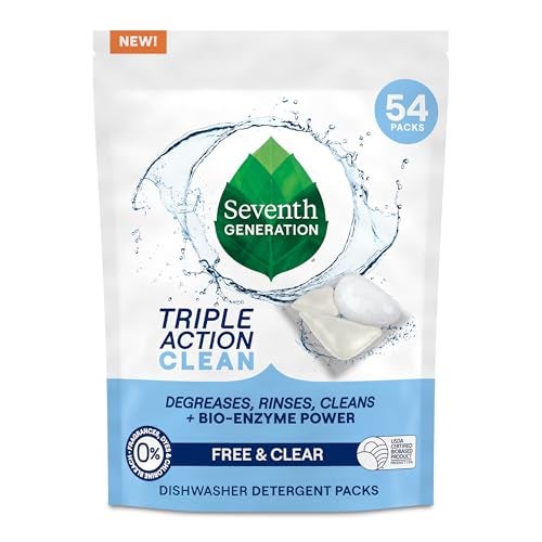 Seventh Generation Triple Action Clean Automatic Dishwasher Detergent Packs with BioEnzyme Power Free Clear Fights 48hour Stuckon Food 54 count